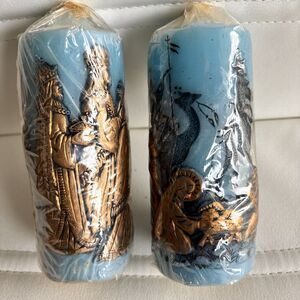 Holiday Elegance Vintage 5.5" Nativity Scene Gold Paint Blue 3D Pillar Candles